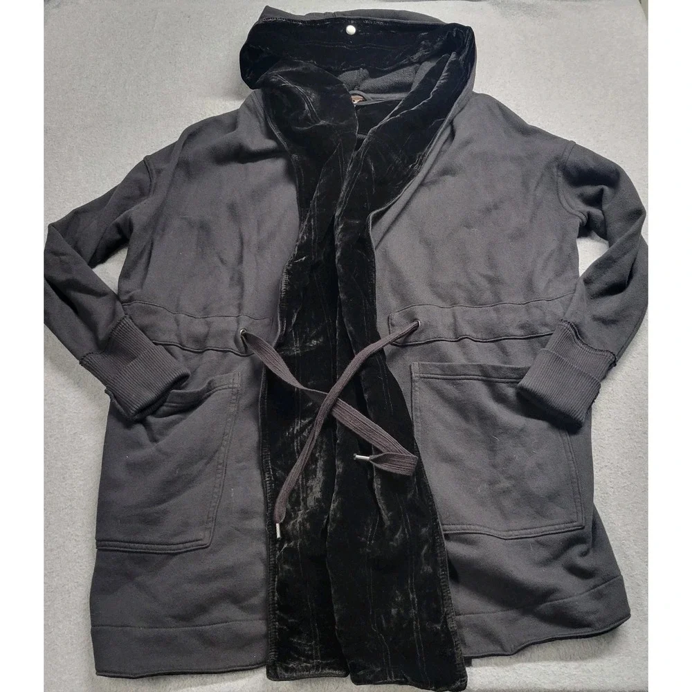 Free People Black Velvet Trim Hooded Cardigan Drawstring Waist Jacket Small‎